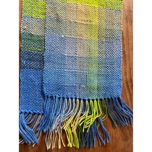 handwoven plaid wool scarf 76" long fringe bright colors artisan handmade craft